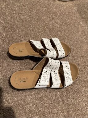 Clarks White Triple-Strap Perforated Slide Sandals